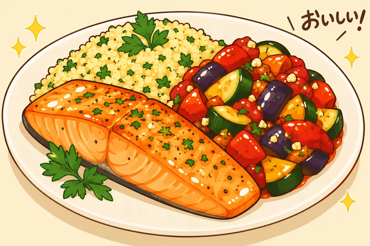 Salmon with Herbed Couscous and Ratatouille