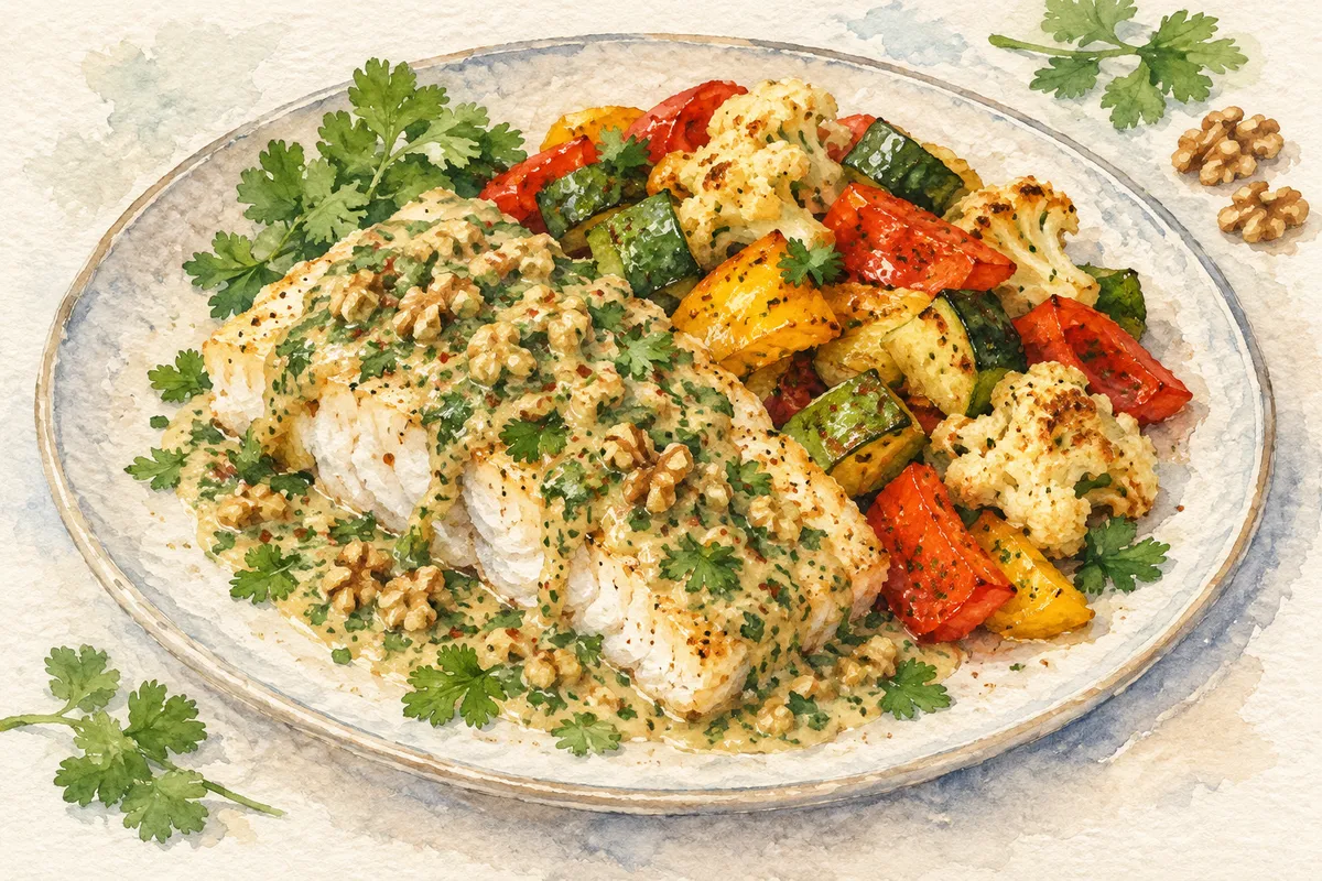 Samkeh Harra with Roasted Vegetables
