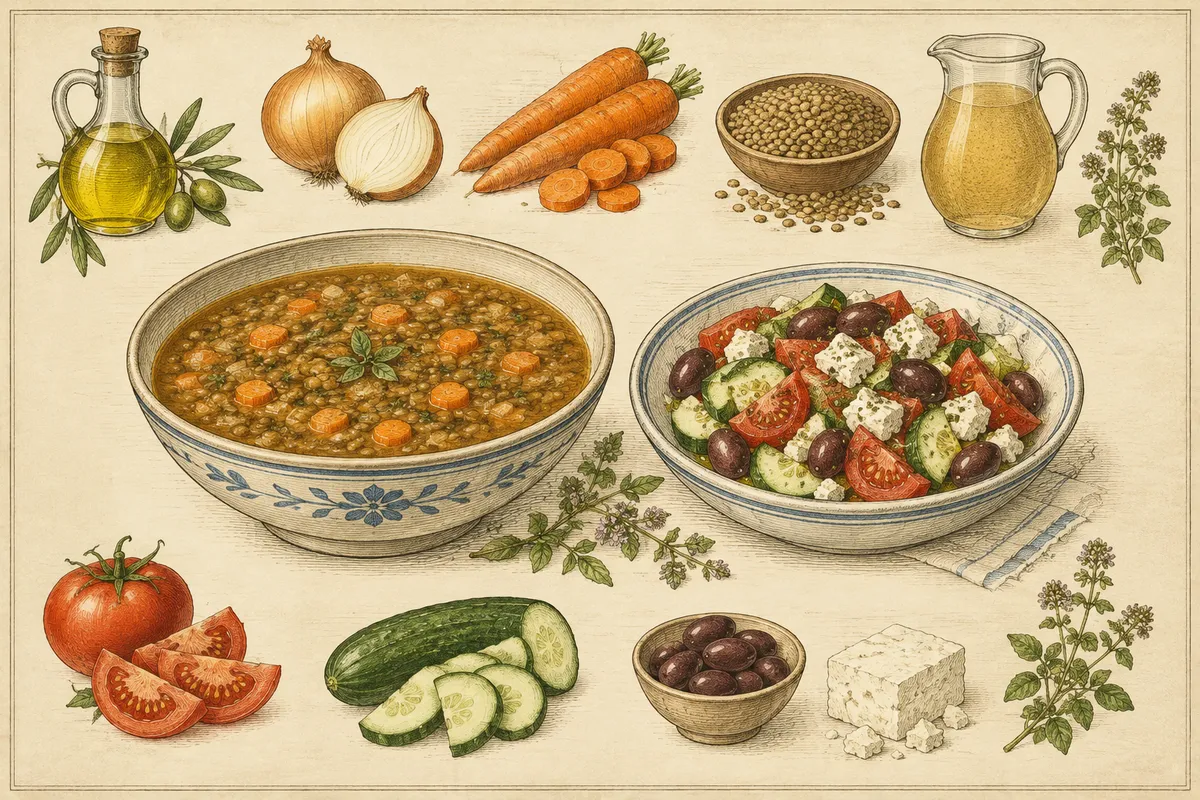 Lentil Soup with Horiatiki Salad