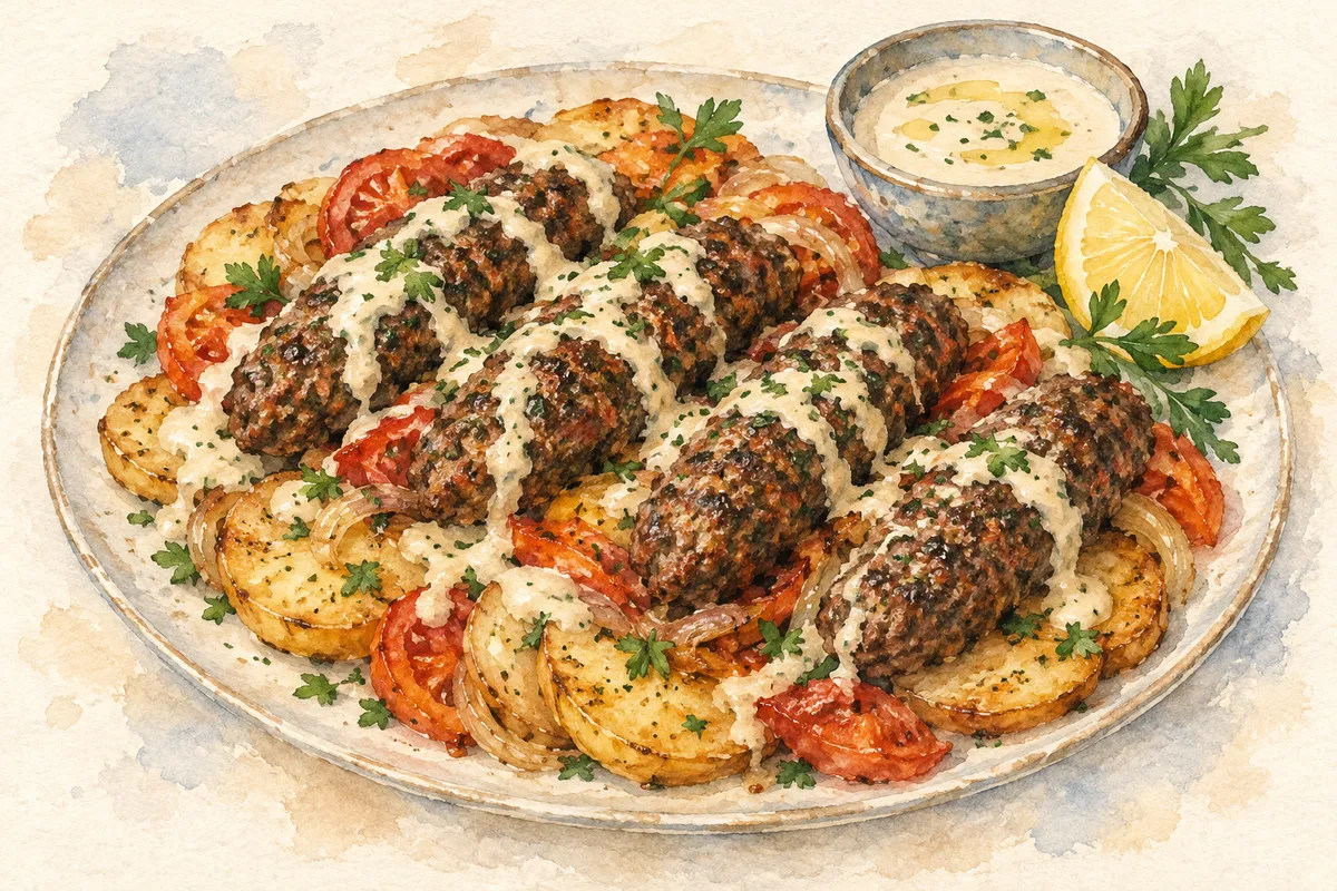 Baked Kafta with Potatoes and Tahini