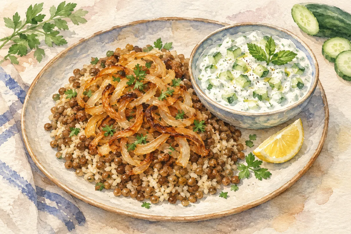 Mujadara with Cucumber Yogurt Salad