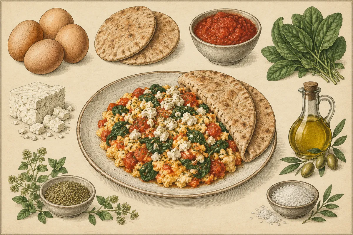 Spinach-Feta Strapatsada with Pita