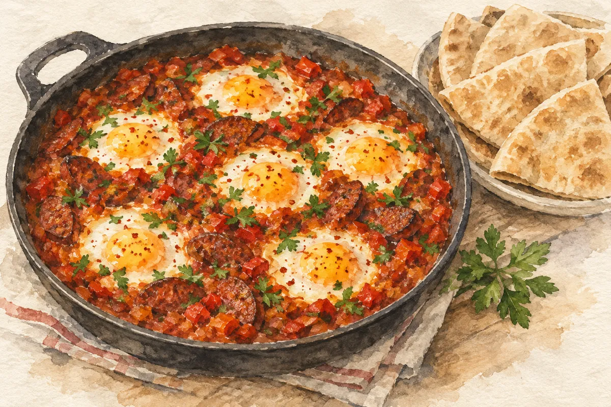 Shakshuka with Sujuk and Whole-Wheat Pita