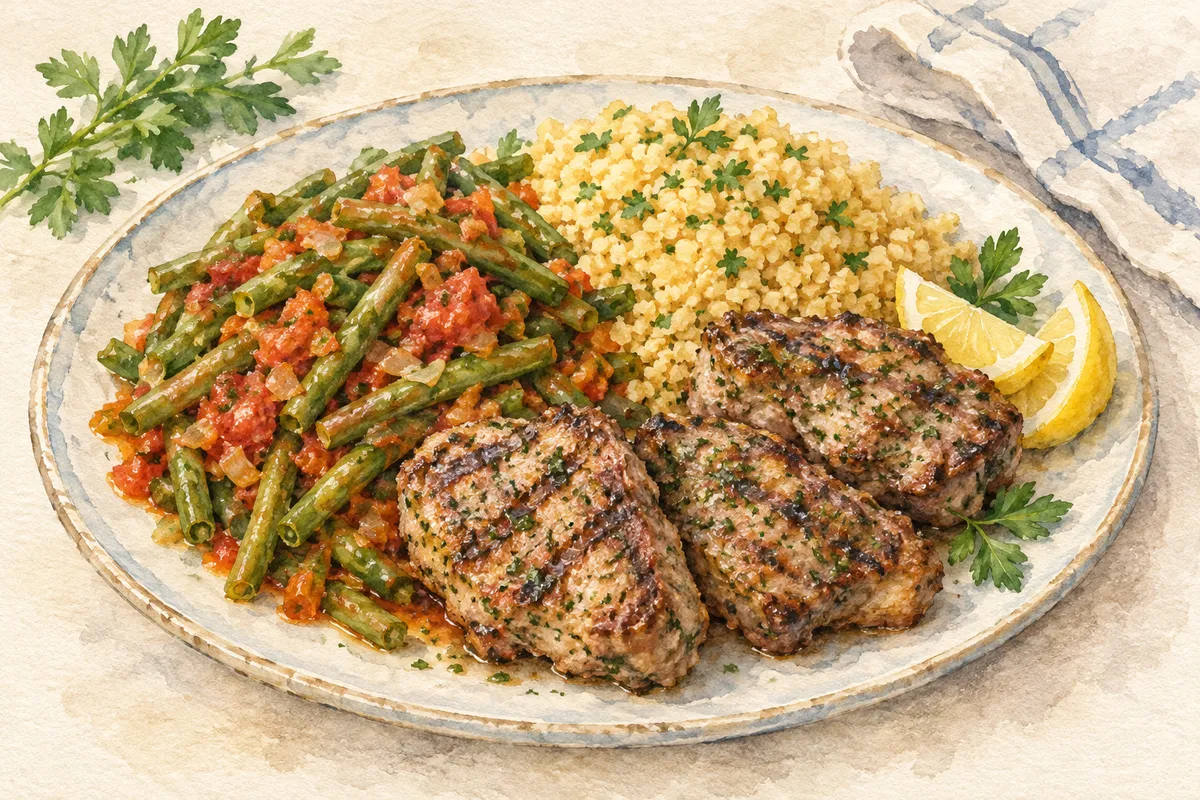Loubieh Bi Zeit with Grilled Lamb
