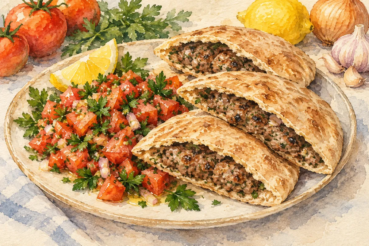 Arayes Kafta Pita with Tomato Salad