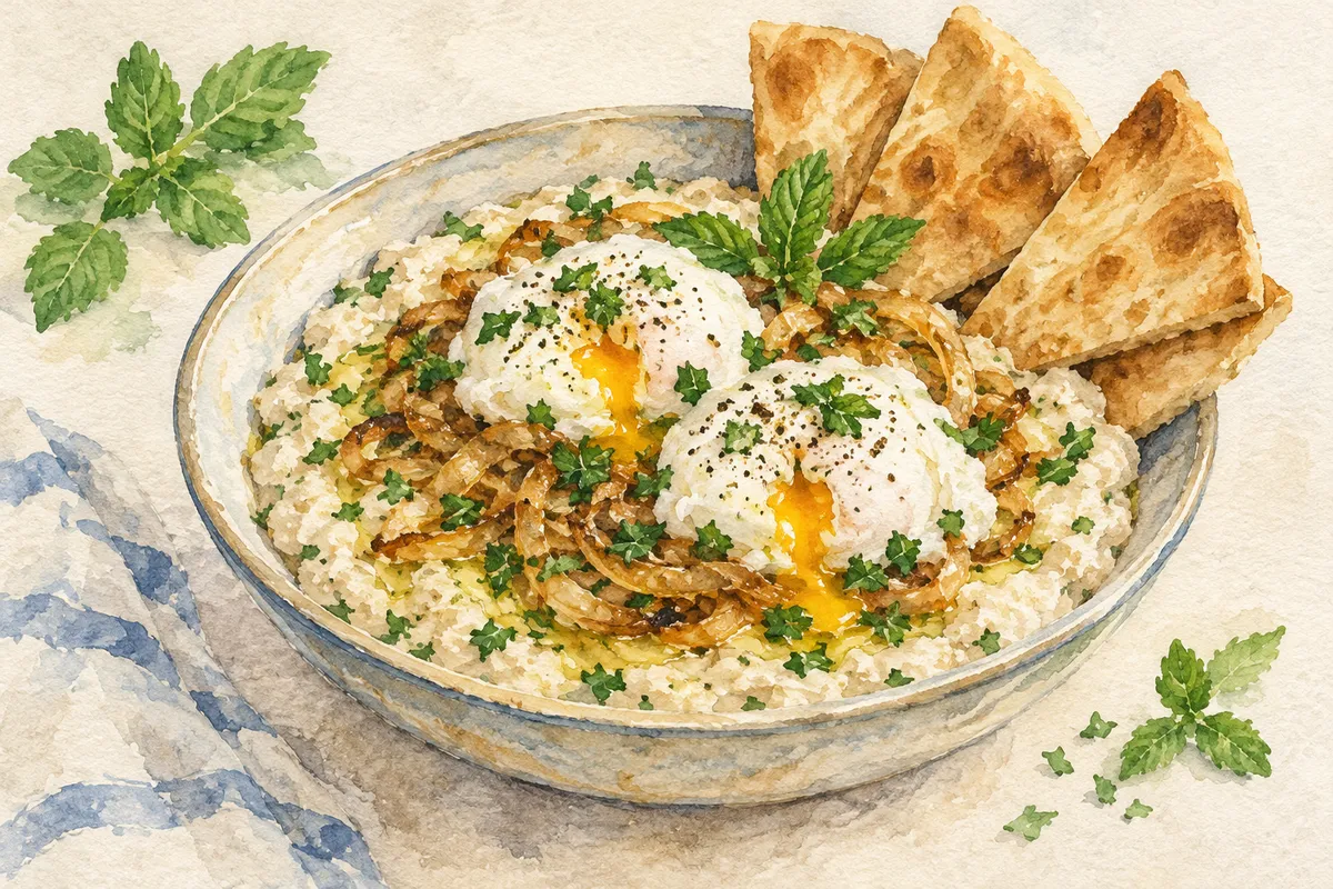 Kishk with Poached Eggs and Herbs