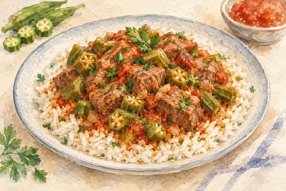 Bamieh Stew with Lean Beef and Rice