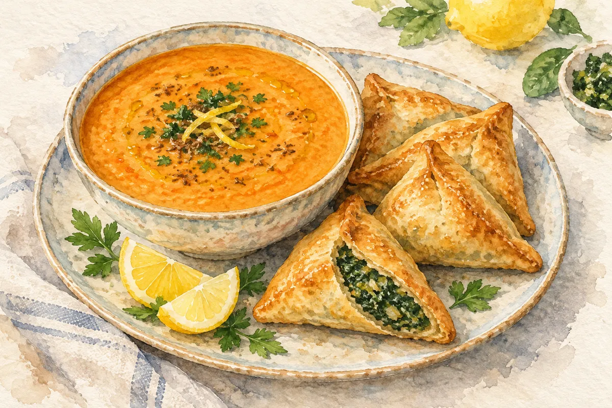 Lentil Soup with Spinach Fatayer